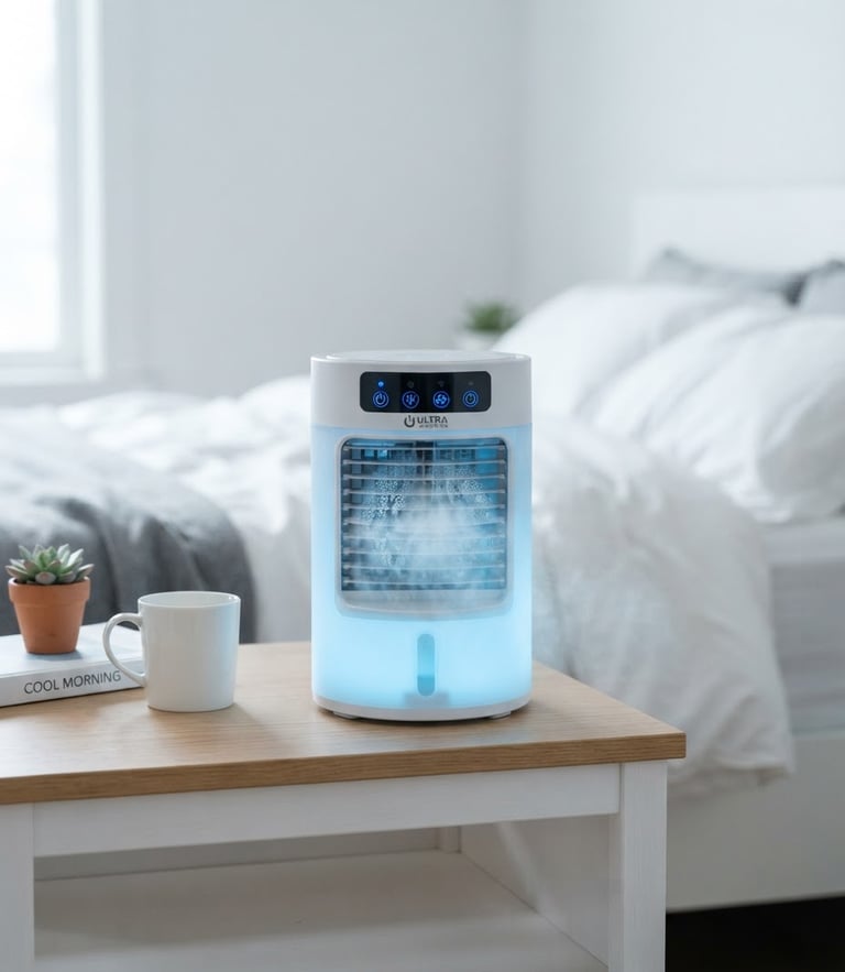 Ultra Air Cooler on a minimalist bedside table with its soft blue nightlight glowing, crisp product photography, cool refreshing daylight, sharp focus, 50mm lens