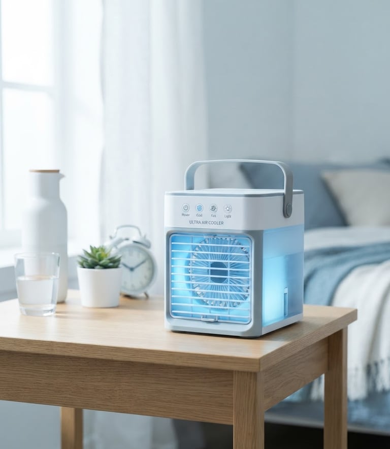 Crisp product photography of the Ultra Air Cooler on a minimalist bedside table, soft blue nightlight glowing, cool refreshing daylight background, sharp focus