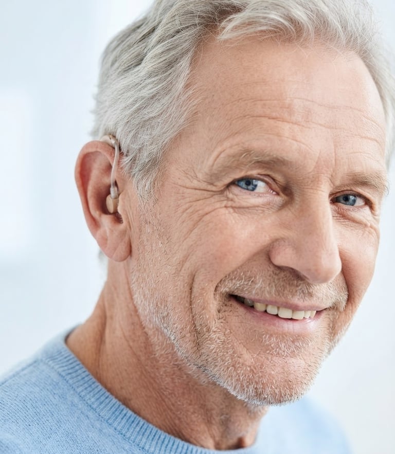 Discreet close-up portrait of an active senior smiling, wearing a near-invisible behind-the-ear hearing aid, bright high-key clinical studio lighting, soft blue tones, 85mm