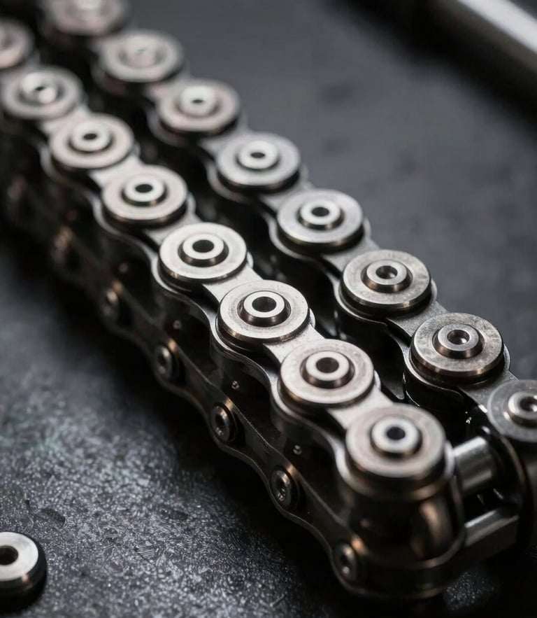 Macro close-up of a pristine metallic motorcycle gear chain on a clean dark workshop bench, dramatic side-lighting highlighting sharp steel teeth, industrial style