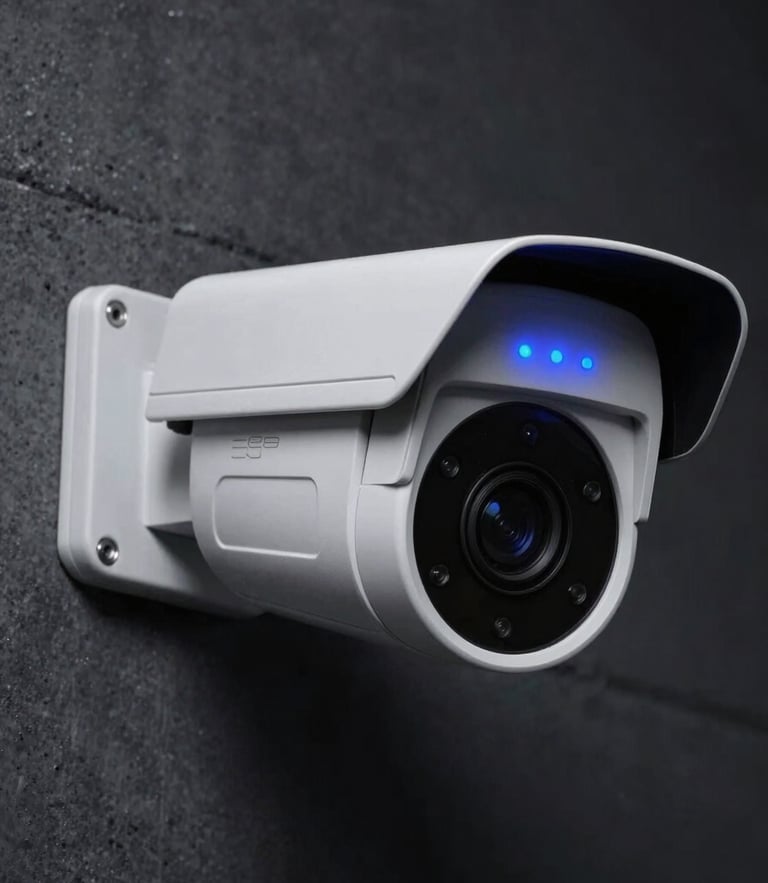 Close-up of high-end security camera with sharp blue LED indicator, mounted on a dark concrete wall, cool studio lighting, 35mm