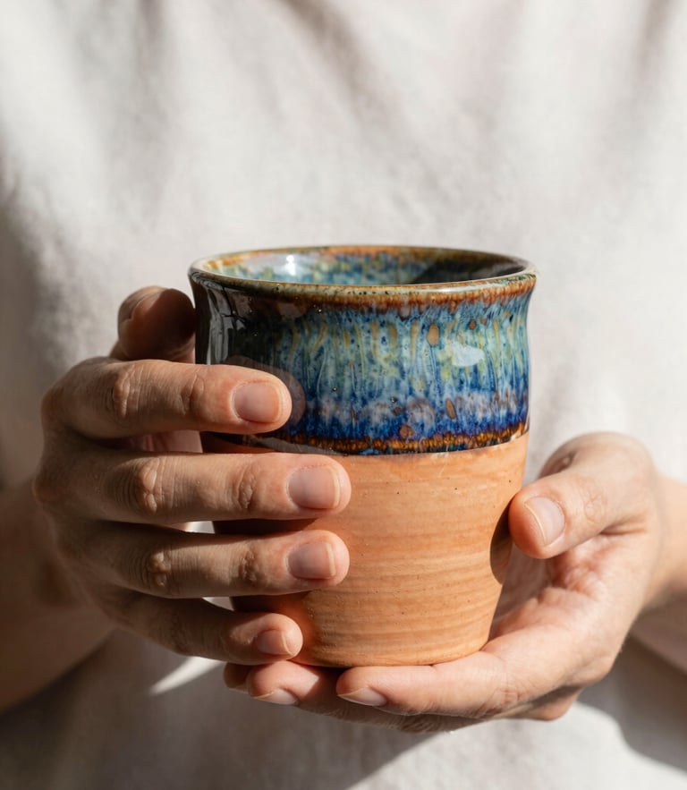 A portrait shot of a person holding a warm terracotta stoneware mug with both hands, soft morning daylight, rich colorful glazes, tactile stoneware textures, 35mm