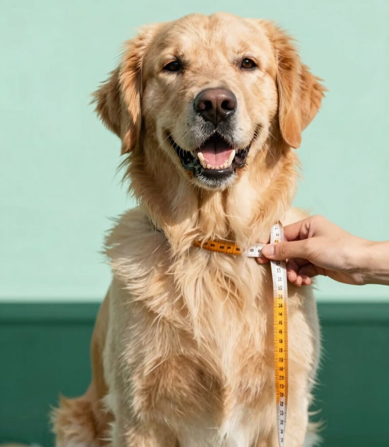 Eye-level shot of a happy golden retriever sitting calmly while a warm-toned measuring tape gently measures its chest, bright natural daylight, soft mint background, warm editorial pet photography