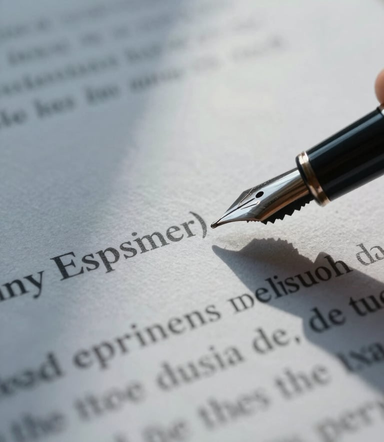 Macro close-up of thick official administrative paper with elegant typography and a fountain pen, cool diffused daylight, silver reflections.
