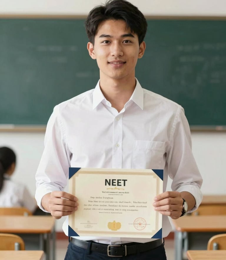 A proud NEET topper holding a certificate, bright academic classroom setting, natural daylight, professional portrait style, 35mm lens