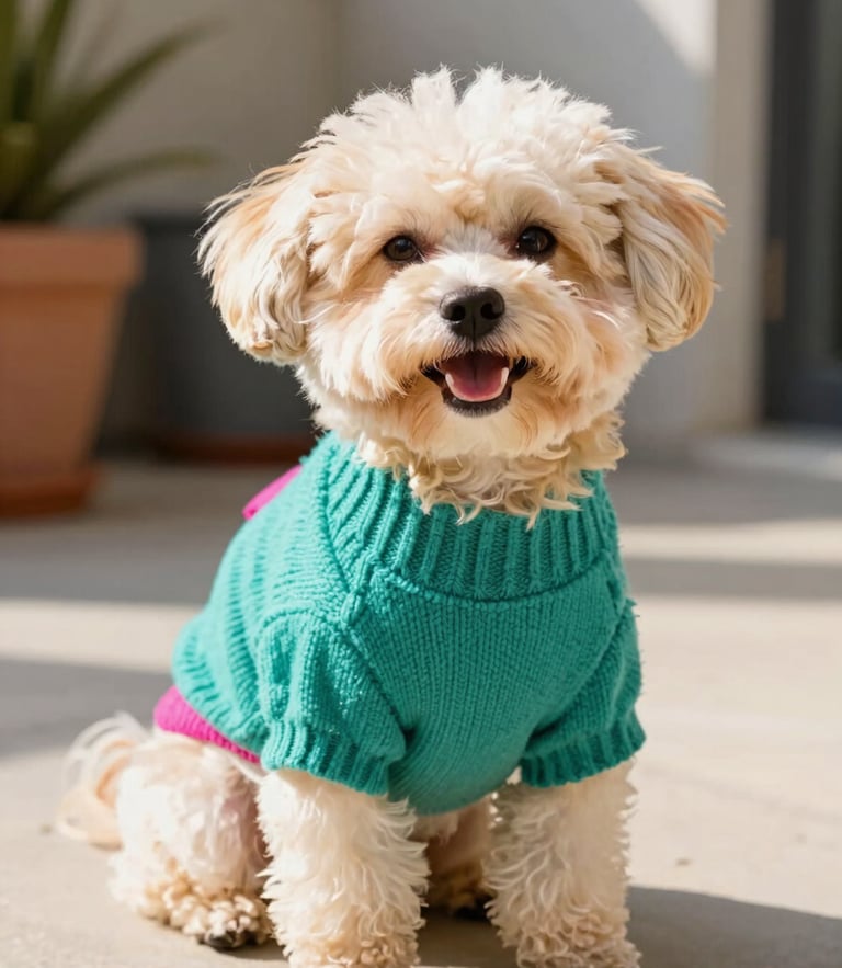 A happy small fluffy dog sitting happily on a sunny patio wearing a vibrant teal knitted sweater, eye-level shot, warm natural daylight, shallow depth of field, 35mm