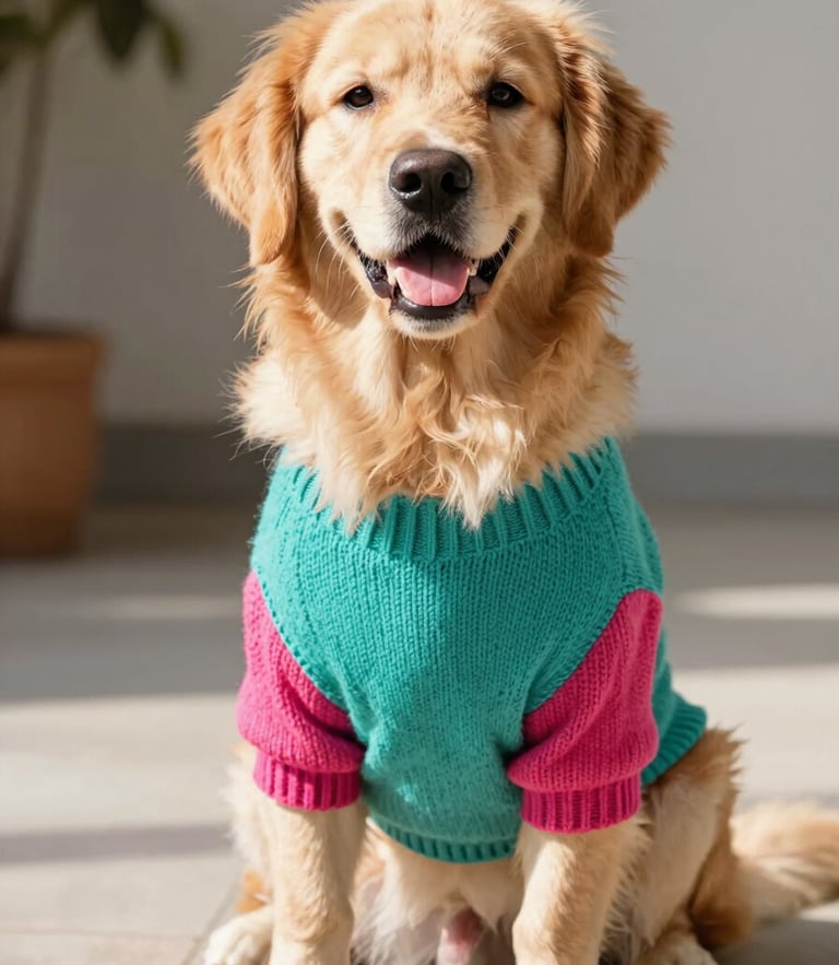 Bright cheerful pet photography, a happy golden retriever wearing a colorful teal knitted sweater, sitting comfortably under warm natural daylight, 35mm