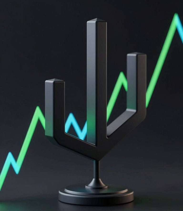 Sleek dark-mode 3d render of a clean geometric candlestick chart with neon green and blue accent lines, high-contrast tech aesthetic, octane render, 8k