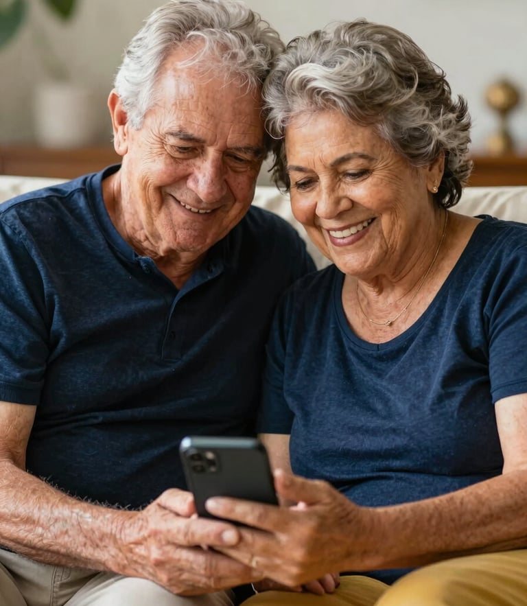 A warm, natural portrait of a smiling retired Brazilian senior couple sitting together on a comfortable couch, holding a smartphone, soft natural daylight, shallow depth of field, navy and gold tones in the background