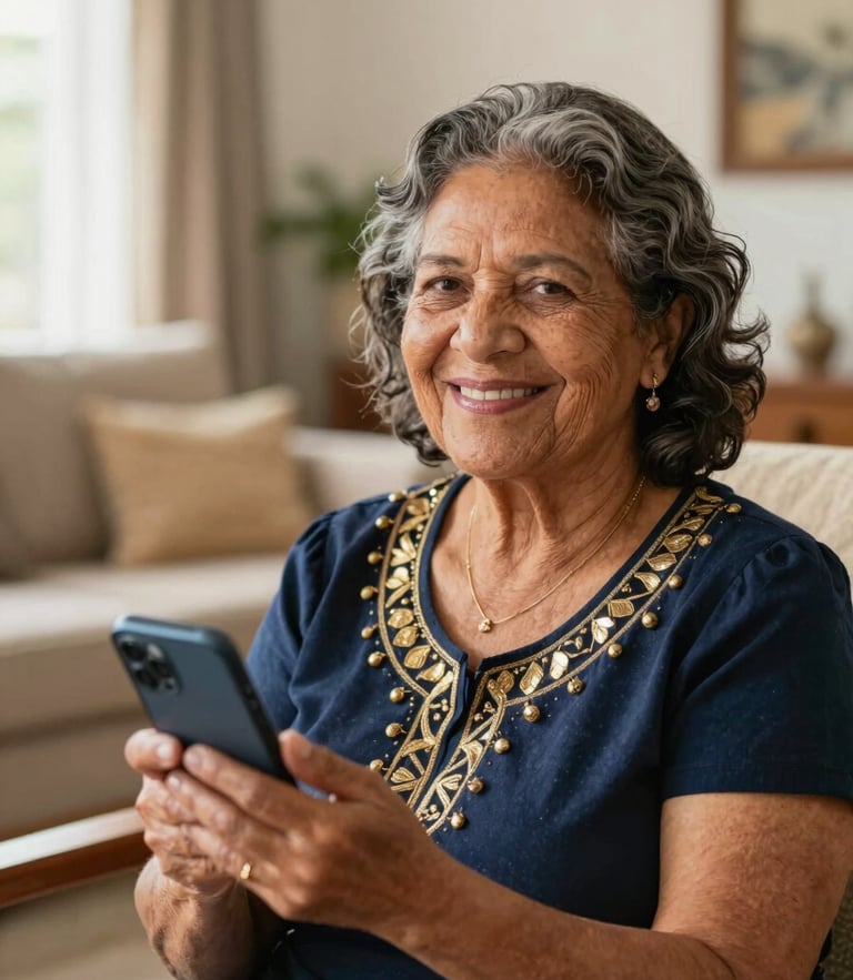 Warm portrait of an active, smiling Brazilian retired woman in a sunlit living room, holding a smartphone with a reassuring expression.