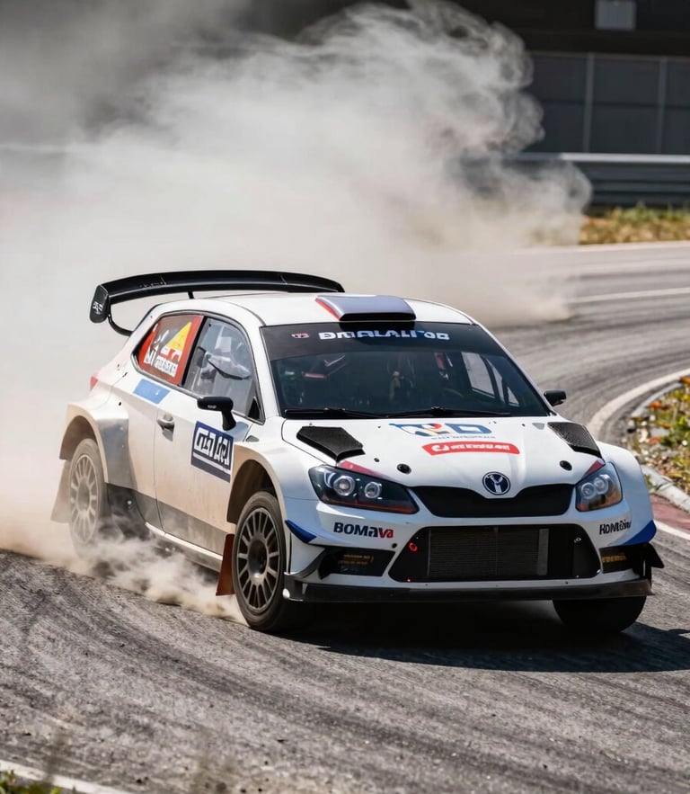 Dynamic motorsport photography, rally car drifting on asphalt, high-contrast daylight, motion blur, sharp action focus