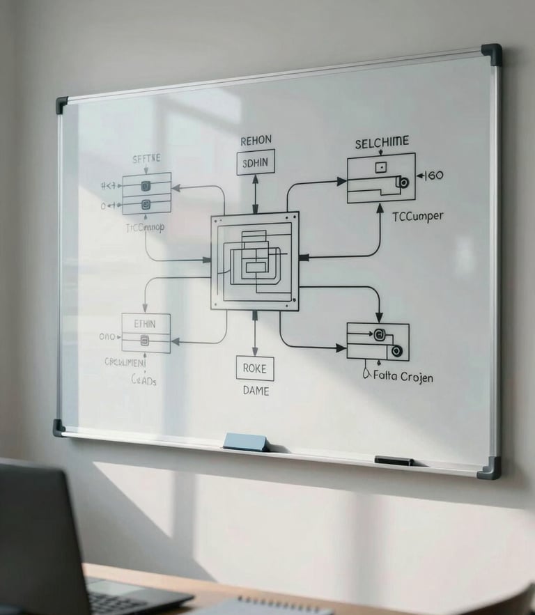 A clean architectural workspace with a technical system diagram plotted on a whiteboard, cool natural daylight, medium shot.