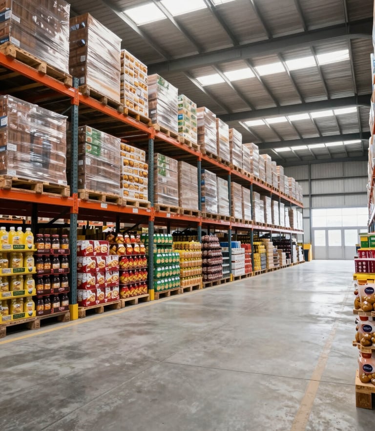 Wide-angle photograph of a modern industrial warehouse in Cusco, clean concrete floors, high pallet racks stacked with food products, bright natural light, professional corporate atmosphere.
