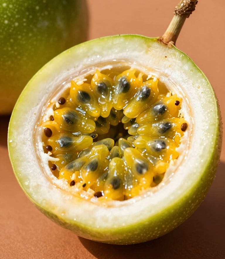 Warm editorial photography of a vibrant passionfruit paleta showing real fruit seeds and texture, held against a terracotta background under bright golden-hour sunlight, macro texture, shallow depth of field