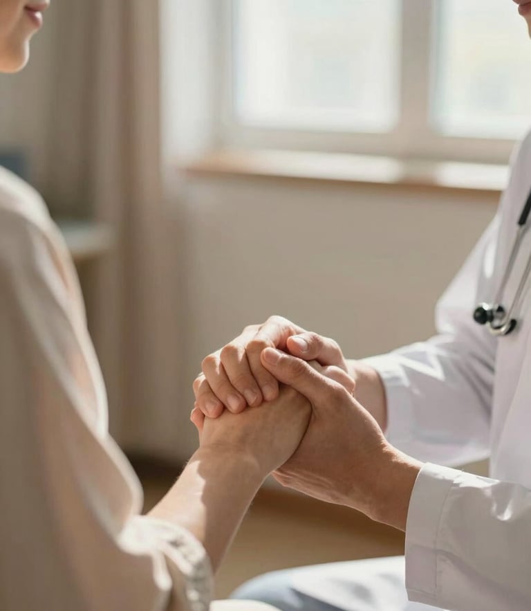 Close-up of a healthcare professional gently holding an expectant mother's hand in a warm, sunlit clinic room, soft natural window light, reassuring clinical atmosphere