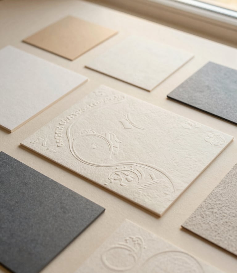 High-angle flat lay of premium embossed stationery and textured paper samples under warm golden-hour window light, soft ivory background