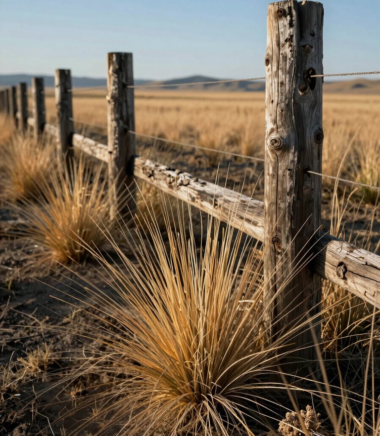 A close-up of native shortgrass prairie with weathered timber fence posts in the background, sharp morning light, high-contrast details of dry soil.