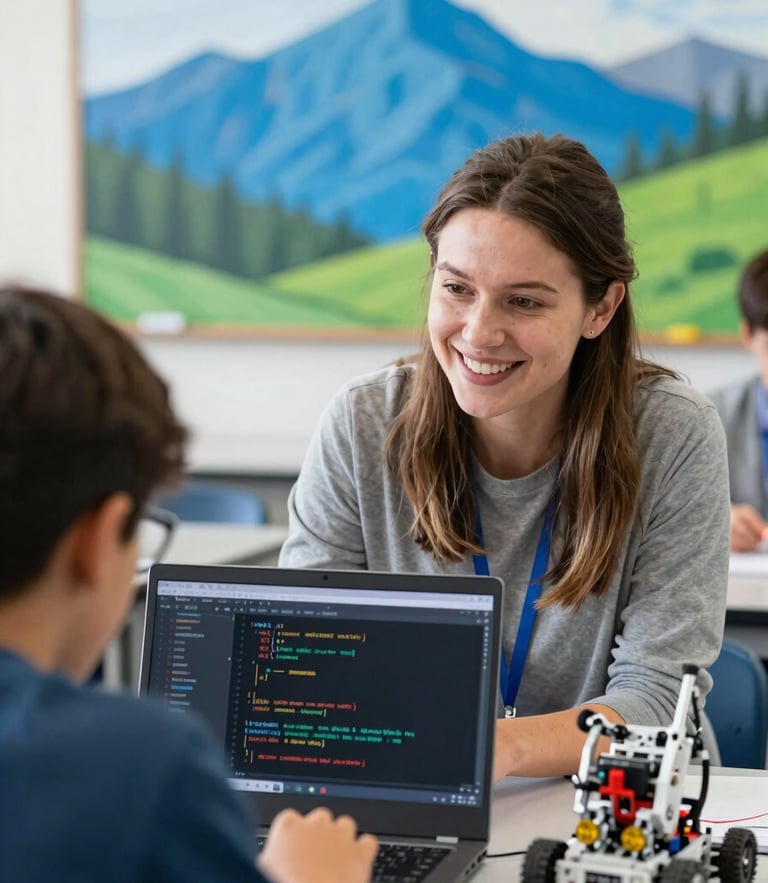 A medium close-up of a smiling high school teacher in a bright Denver classroom, guiding a student through a robotics coding interface on a laptop, soft natural daylight.