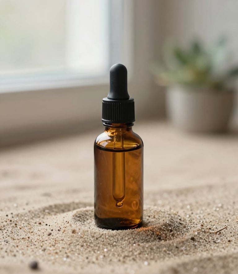 Amber glass dropper bottle resting on a warm sand surface, soft natural window light, muted botanical tones, macro depth of field.