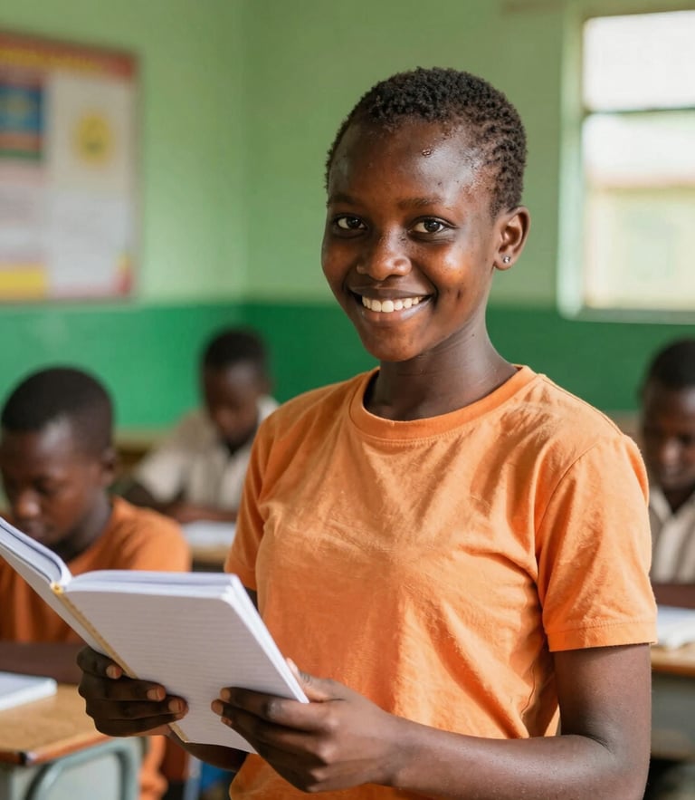 A young Mozambican teacher-in-training smiling in a sunlit classroom, holding a notebook, warm natural light, 35mm photography