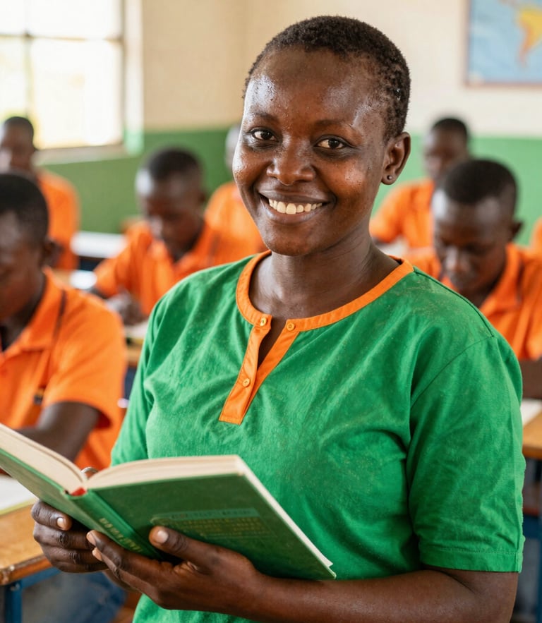 Warm editorial portrait of a Mozambican teacher-in-training smiling in a sunlit classroom, holding a textbook, vibrant green and orange tones, shallow depth of field, 35mm