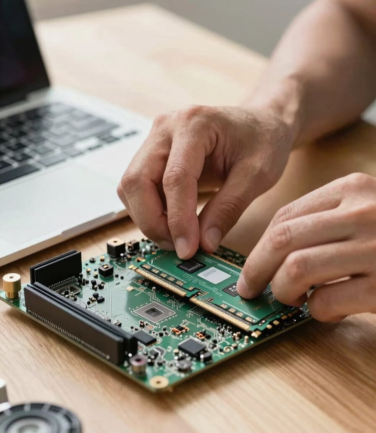 Portrait close-up of a technician's hands carefully installing a new RAM module into a laptop motherboard, bright natural daylight streaming across a clean wooden workspace.