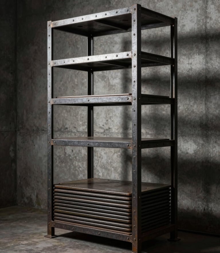 Low-key dramatic shot of an empty power rack under sharp side-lighting, heavy iron plates stacked on the floor, deep shadows, industrial concrete background.