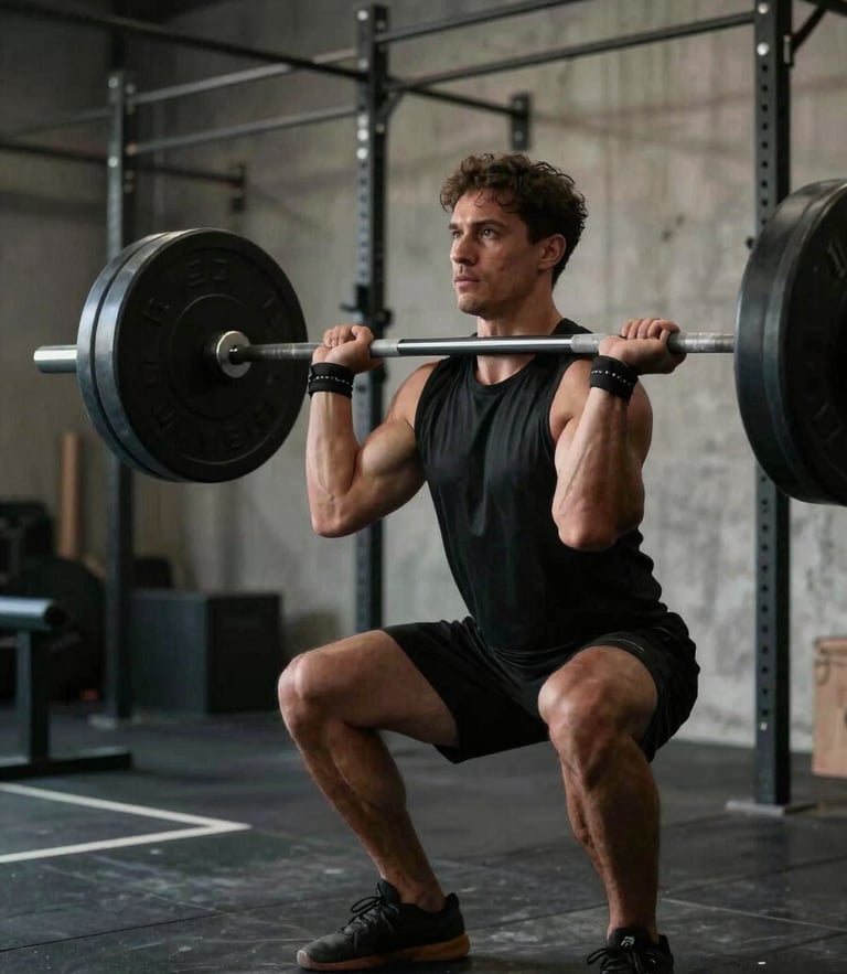 High-contrast side-lit shot of a strength coach analyzing a lift, concrete gym background, focused and intense atmosphere, low-key lighting.