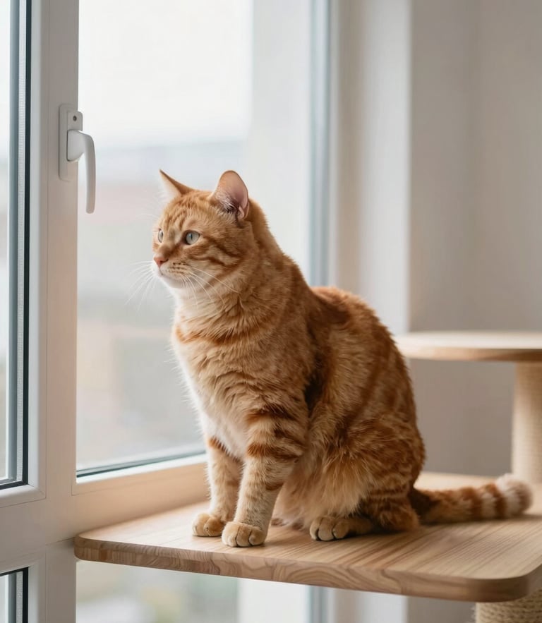 A calm ginger cat sitting on a high wooden perch in a bright, sunlit room, looking out a large window, soft natural light, clean minimalist background, 35mm lens