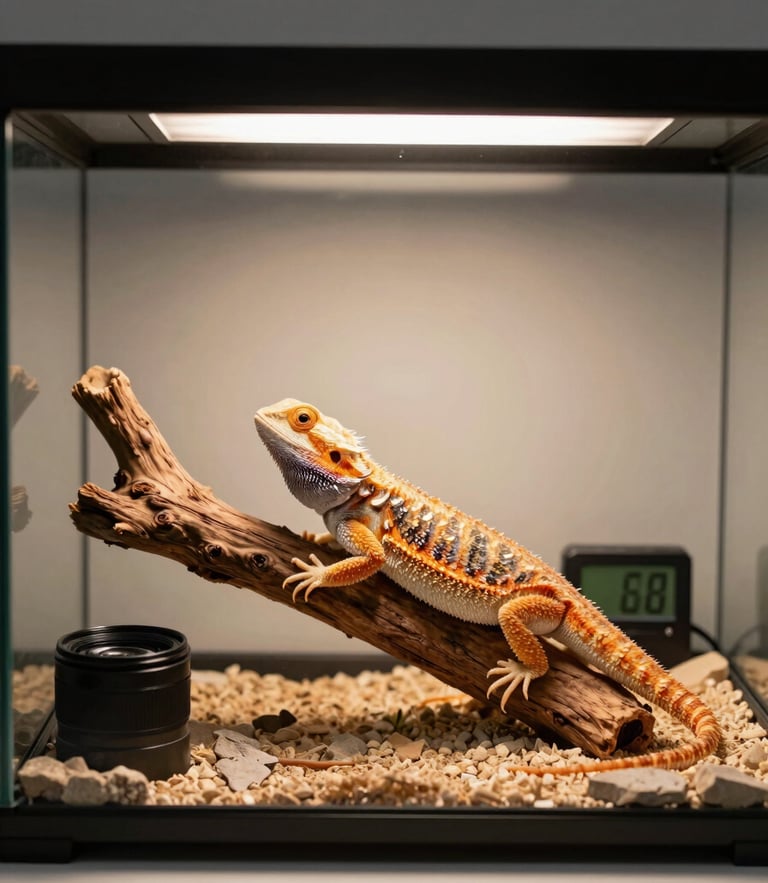 A clean, modern terrarium enclosure with a bearded dragon resting under a warm basking light, natural wood branch, digital humidity sensor visible, soft diffused lighting, 35mm lens.