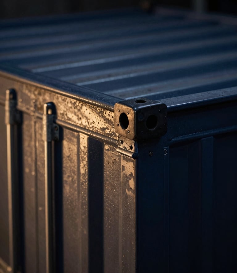 Macro close-up of a pressurized metal shipping container being sealed, clean laboratory environment, dramatic lighting