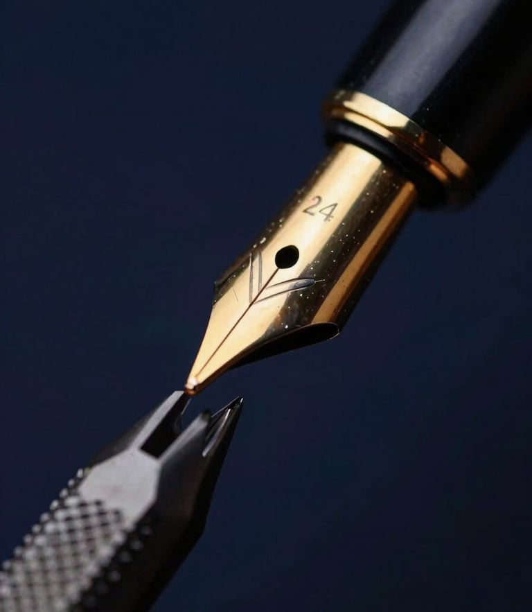 Extreme macro photograph of a 14k gold pen nib being tuned with micro-tools, dramatic low-key studio lighting, gold highlights against deep navy shadows