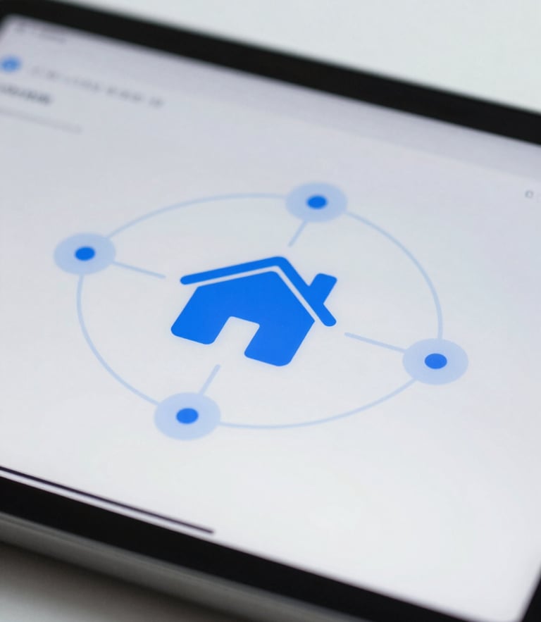 Macro shot of a clean digital interface showing real estate network nodes, bright overcast daylight, cool blue tones, sharp focus.