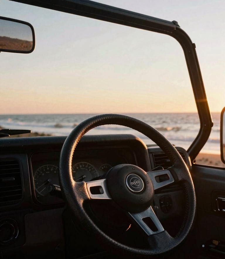 Low-angle shot of a steering wheel of an open-air 4x4 with a gorgeous ocean sunset backdrop, warm golden-hour light, 35mm film look.