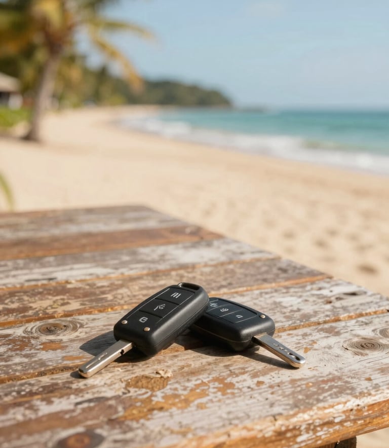 Close-up of car keys resting on a weathered wooden table with a blurry background of a tropical beach and ocean, bright midday sun, warm editorial photography.