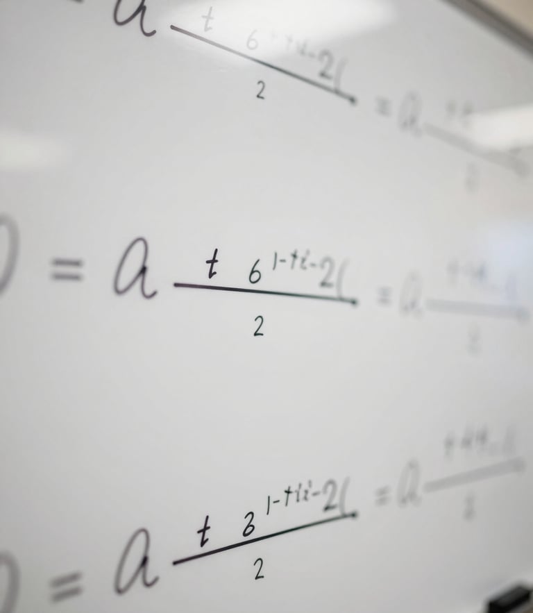 Macro extreme close-up of handwritten mathematical derivations and physics formulas on a clean white board, crisp neutral lighting, technical precision.
