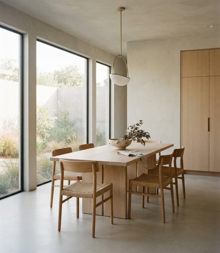Bright modern architectural photography of a minimalist dining room, soft natural daylight, clean lines, warm desaturated tones