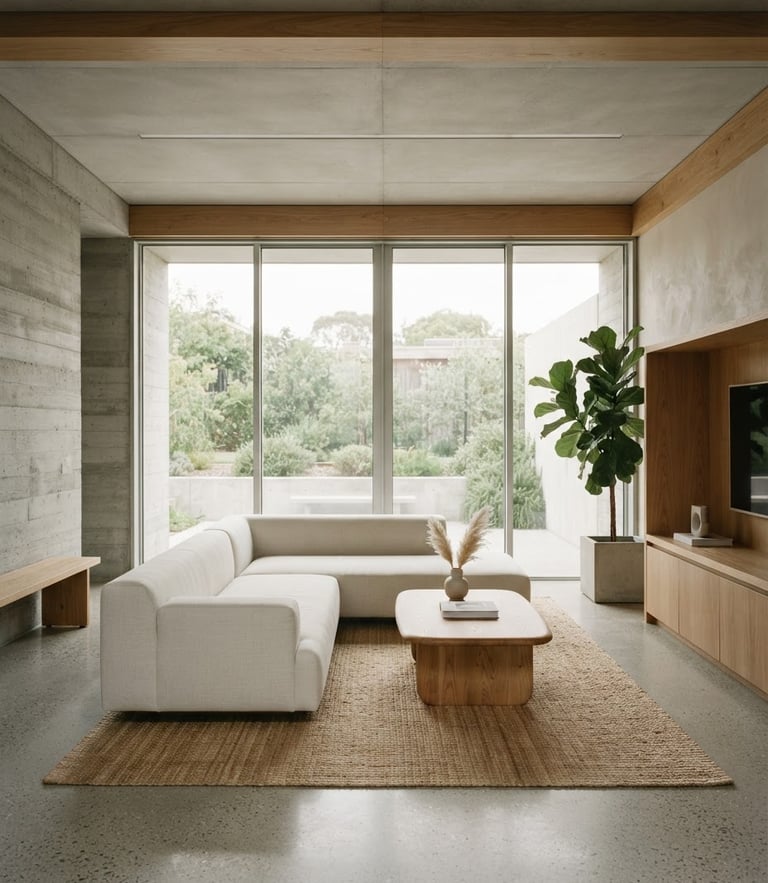 Bright modern architectural living room, soft natural daylight, minimalist concrete and oak wood finishes, straight-on composition, 35mm lens