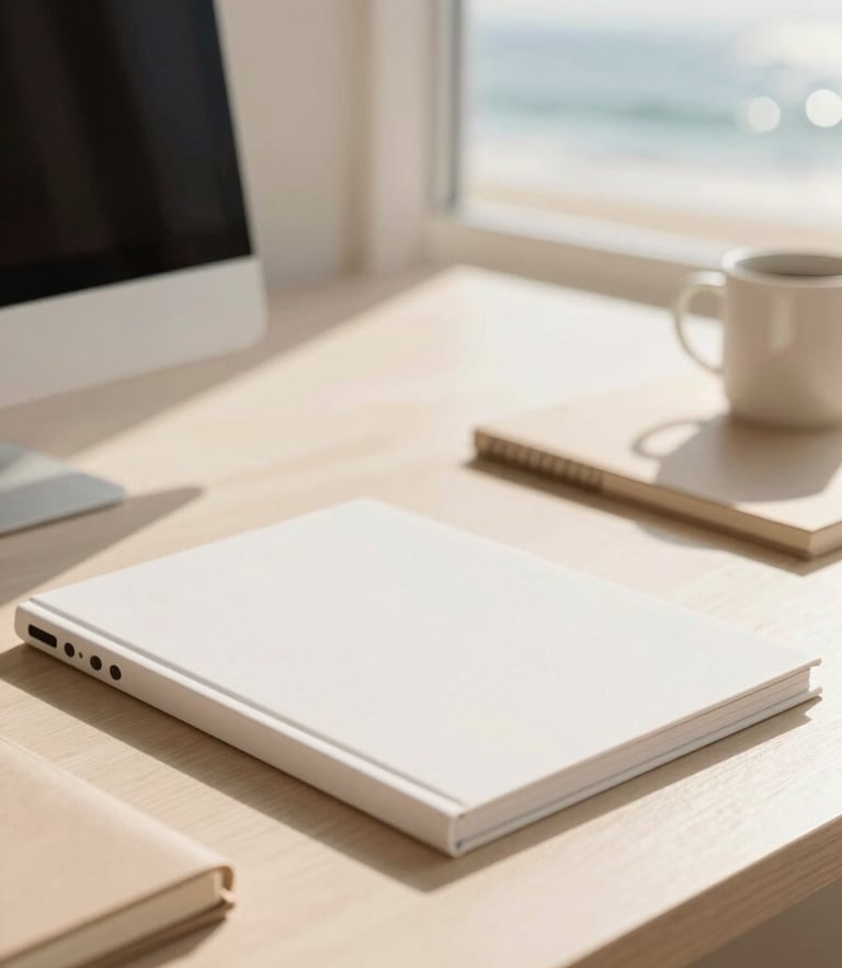 A bright, sunlit minimalist workspace with elegant stationery, warm sandy tones, and soft coastal daylight, shallow depth of field