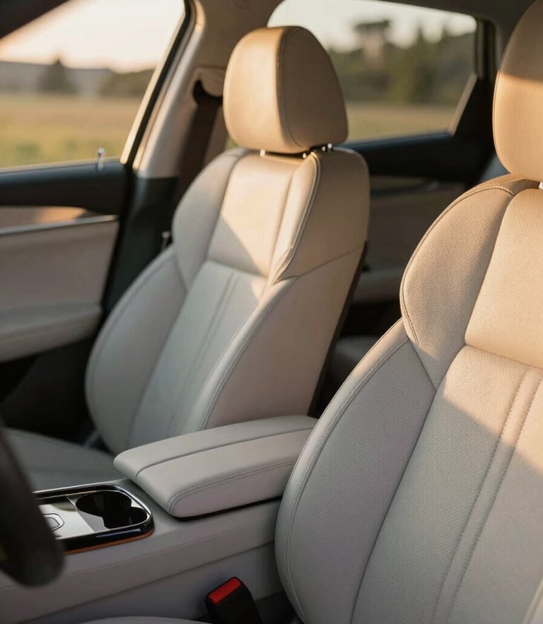 Cinematic close-up of a pristine luxury vehicle interior, focusing on hand-stitched leather seats and a polished console in warm golden hour light.