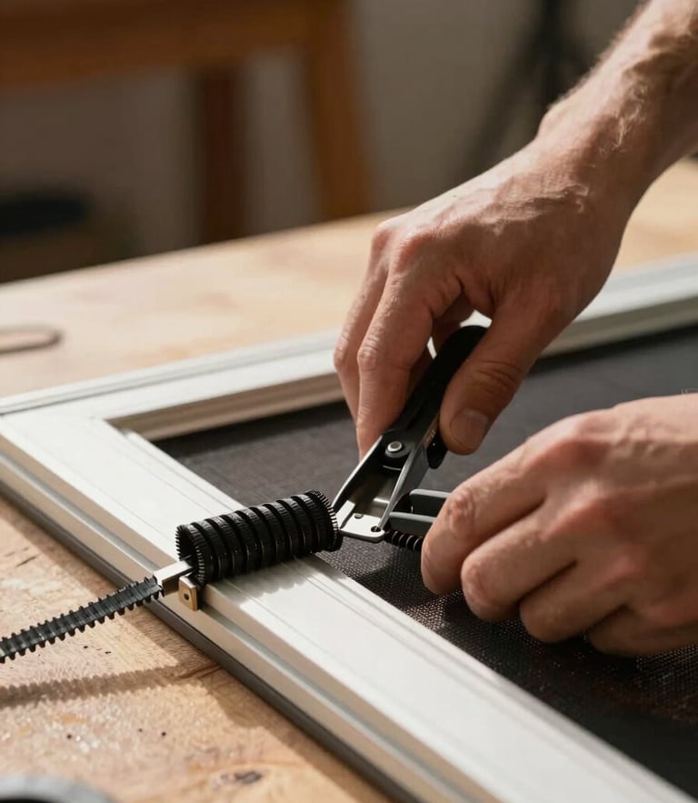 A close-up vertical shot of hands rolling black spline into a window screen frame on a wooden workbench, warm afternoon sunlight, sharp focus on the tool.