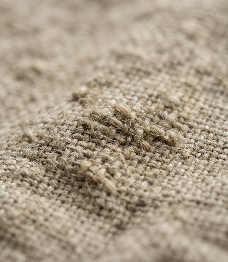 Macro close-up of natural linen fabric weave showing raw flax texture, soft diffused window light, earthy neutral tones, shallow depth of field, 35mm