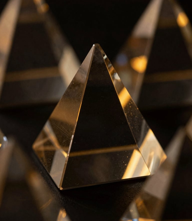 Macro close-up of dark glass geometric prisms reflecting warm gold ambient light, sharp refraction lines, dark editorial tech style