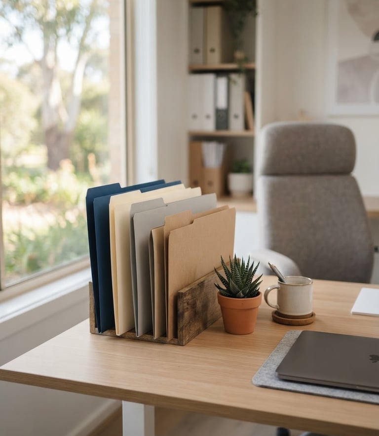 A bright professional Australian home office with organized physical folders on a clean desk, soft natural window light, shallow depth of field.