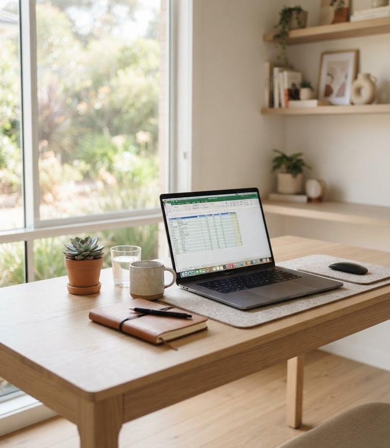 A bright modern Australian home office with soft window light, showcasing an organized desk with a laptop displaying clean administration spreadsheets, shallow depth of field