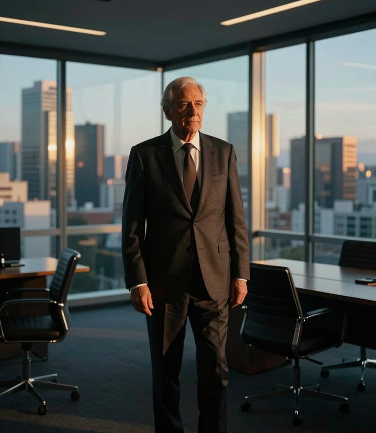 Cinematic low-key lighting of a senior corporate lawyer in a bespoke suit standing in a luxury glass-walled office, Guayaquil skyline in the background, golden-hour highlights, 35mm