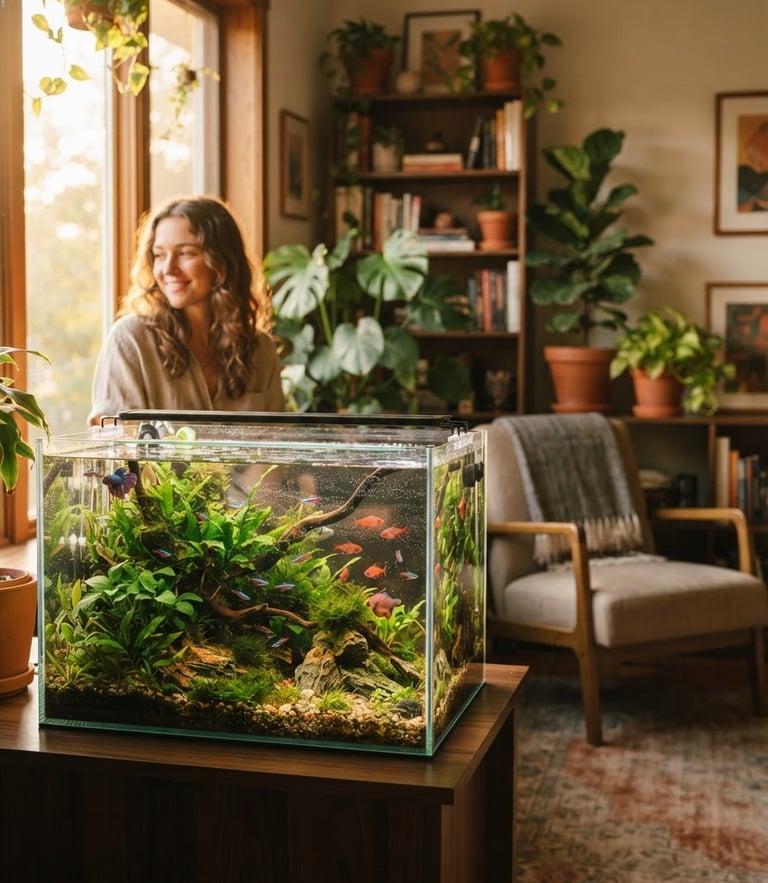 Warm editorial portrait of a sunlit living room with a clear glass aquarium, golden-hour window light, rich organic tones, shallow depth of field, 35mm film