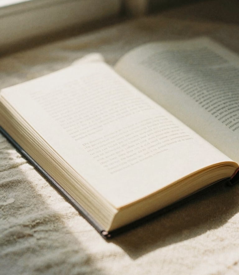 A closed devotional book resting on a textured cream linen cloth, soft morning window light casting long shadows, warm earth tones, 35mm film texture