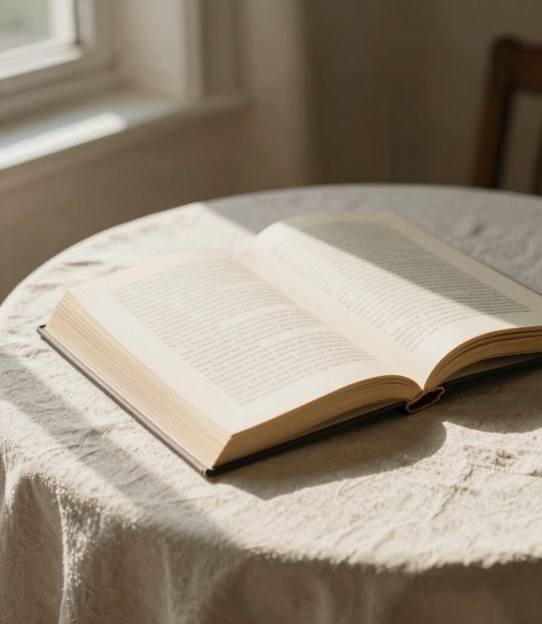 A single open book resting on a soft cream linen tablecloth, warm morning light casting long soft shadows from a window, peaceful quiet mood.