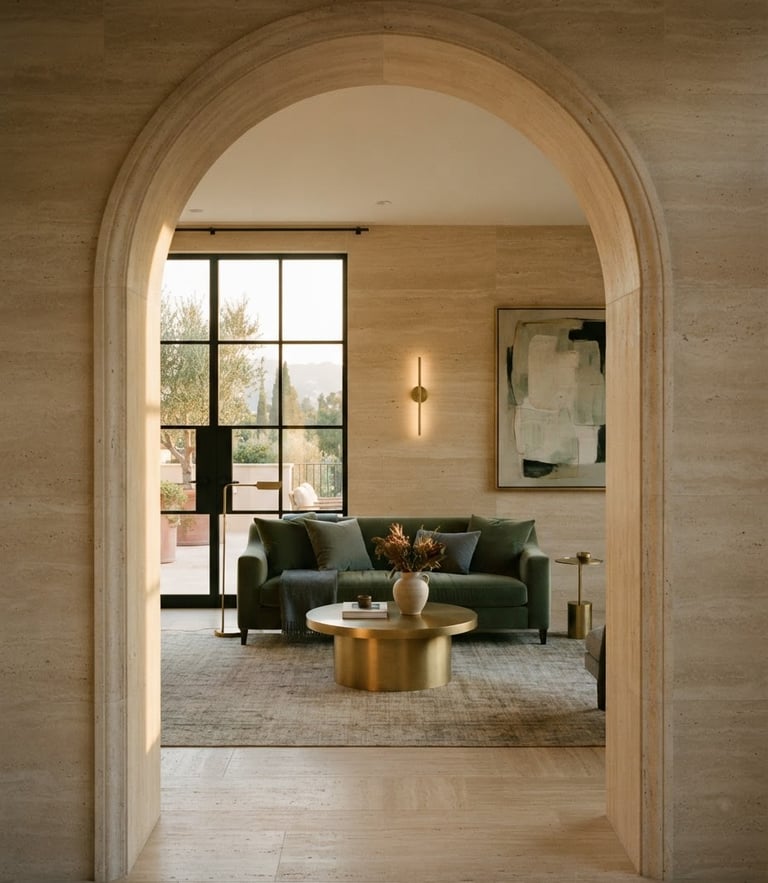 Symmetrical architectural arch framing a soft golden-hour interior, beige travertine walls, minimalist brass details, 35mm photography